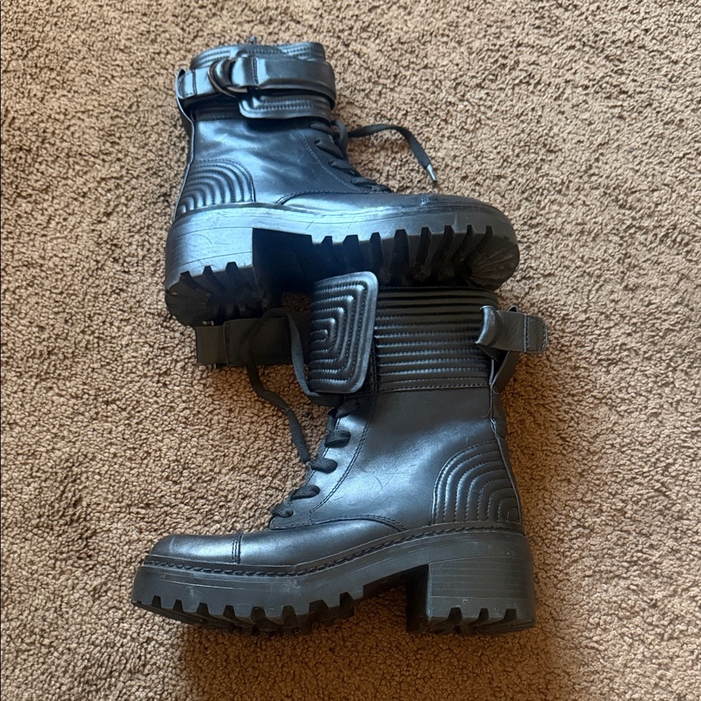 DKNY Black Lace-Up Lug Combat Boots with Strap Detail